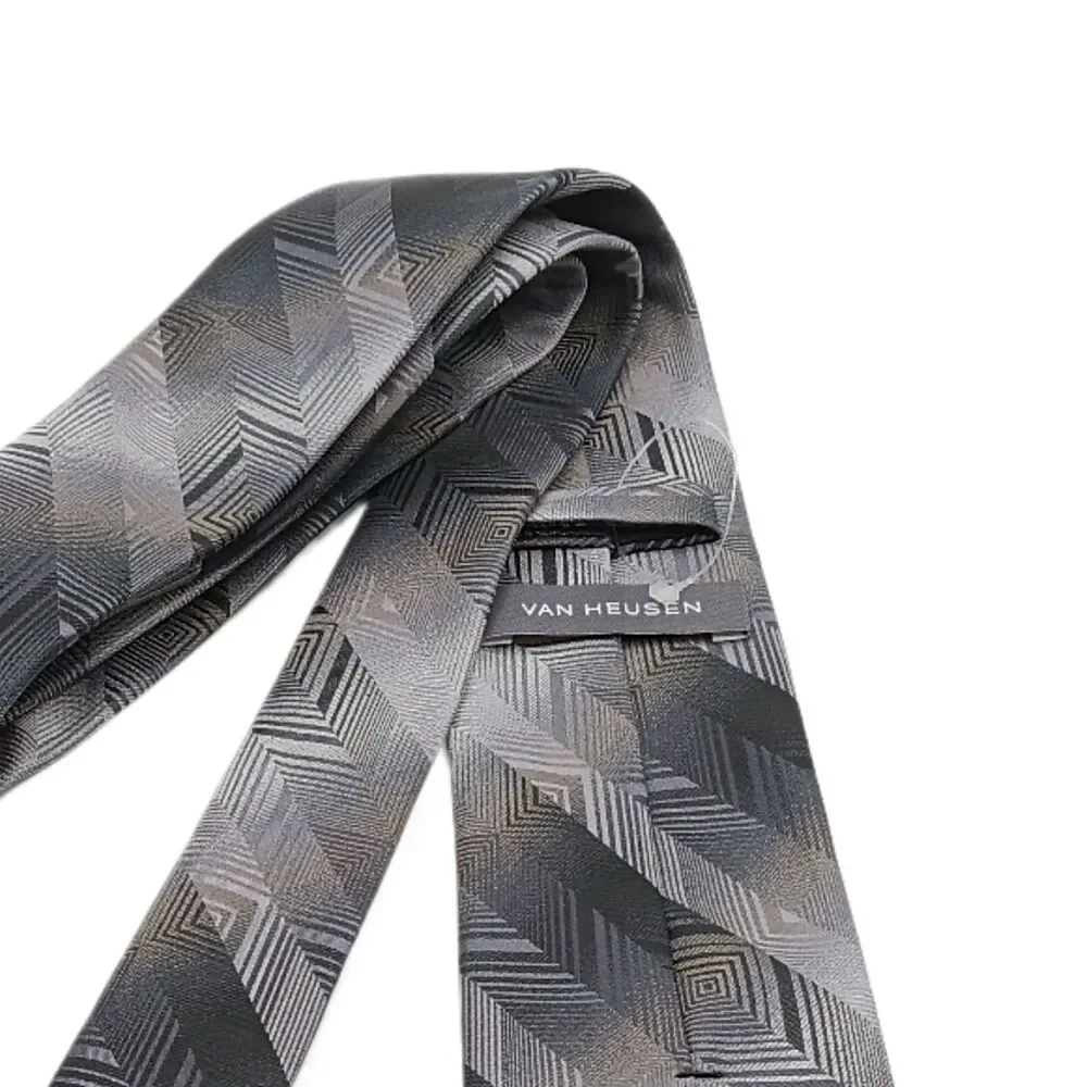 Van Heusen Geometric Tie Mens 60” Gray Microfiber Geometric Stripe Classic New